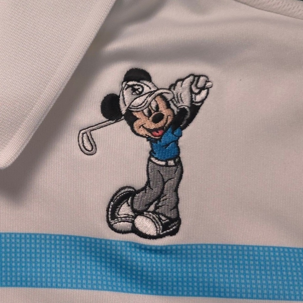 Adidas Golf Mickey Mouse Climacool Polo Shirt Mens L Blue White Stripe B82988 - Picture 2 of 9